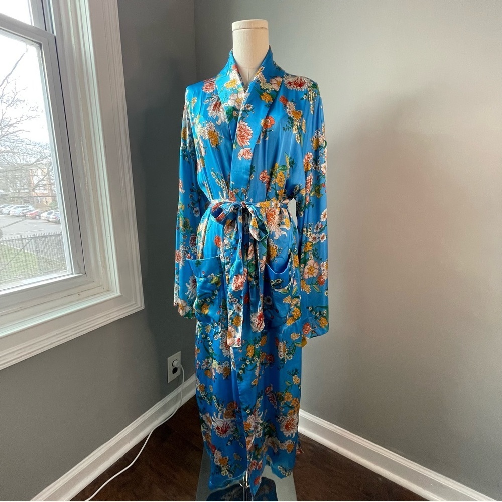 Lulu's Staycation Blue Floral Print Satin Duster Robe Size Large